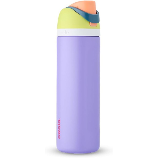 Owala FreeSip Insulated Stainless Steel Water Bottle in purple, green, blue, and orange.