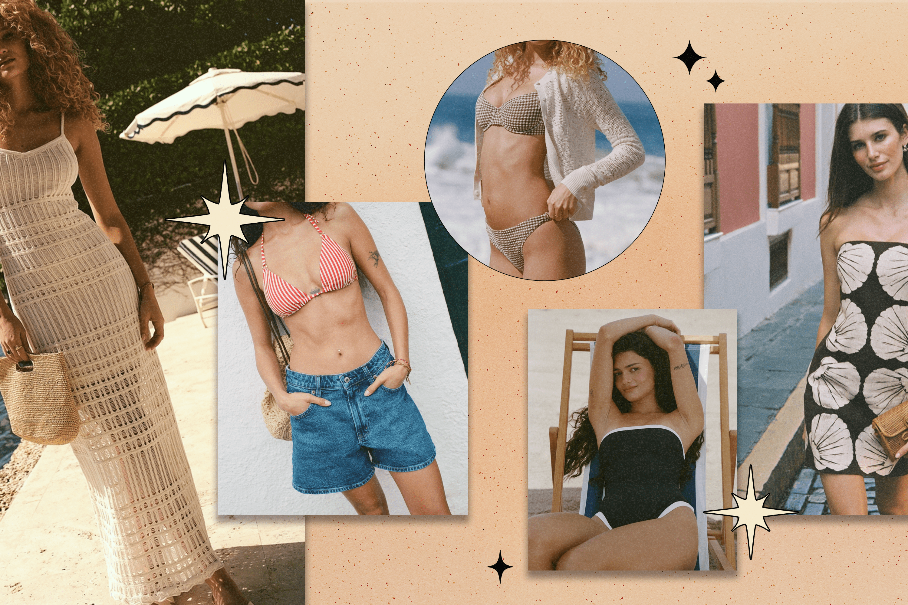 Five models in natural settings dressed in Abercrombie & Fitch clothing (dresses, swimsuits, shorts).