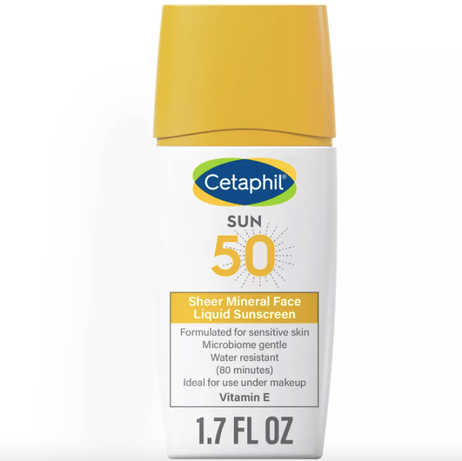 Cetaphil Sheer Mineral Liquid Sunscreen in a white bottle with a yellow cap.