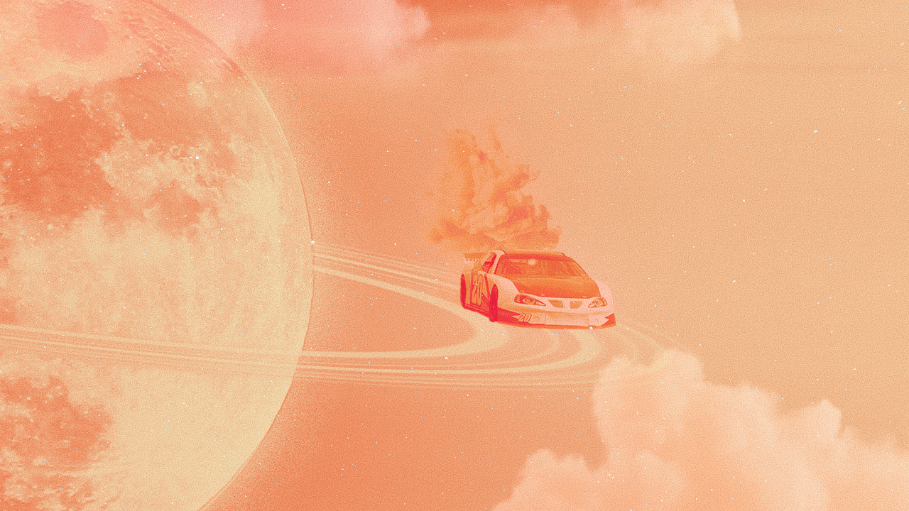 A race car riding the rings around a full moon in Sagittarius, in representation of how thrilling this full moon will be for each zodiac sign