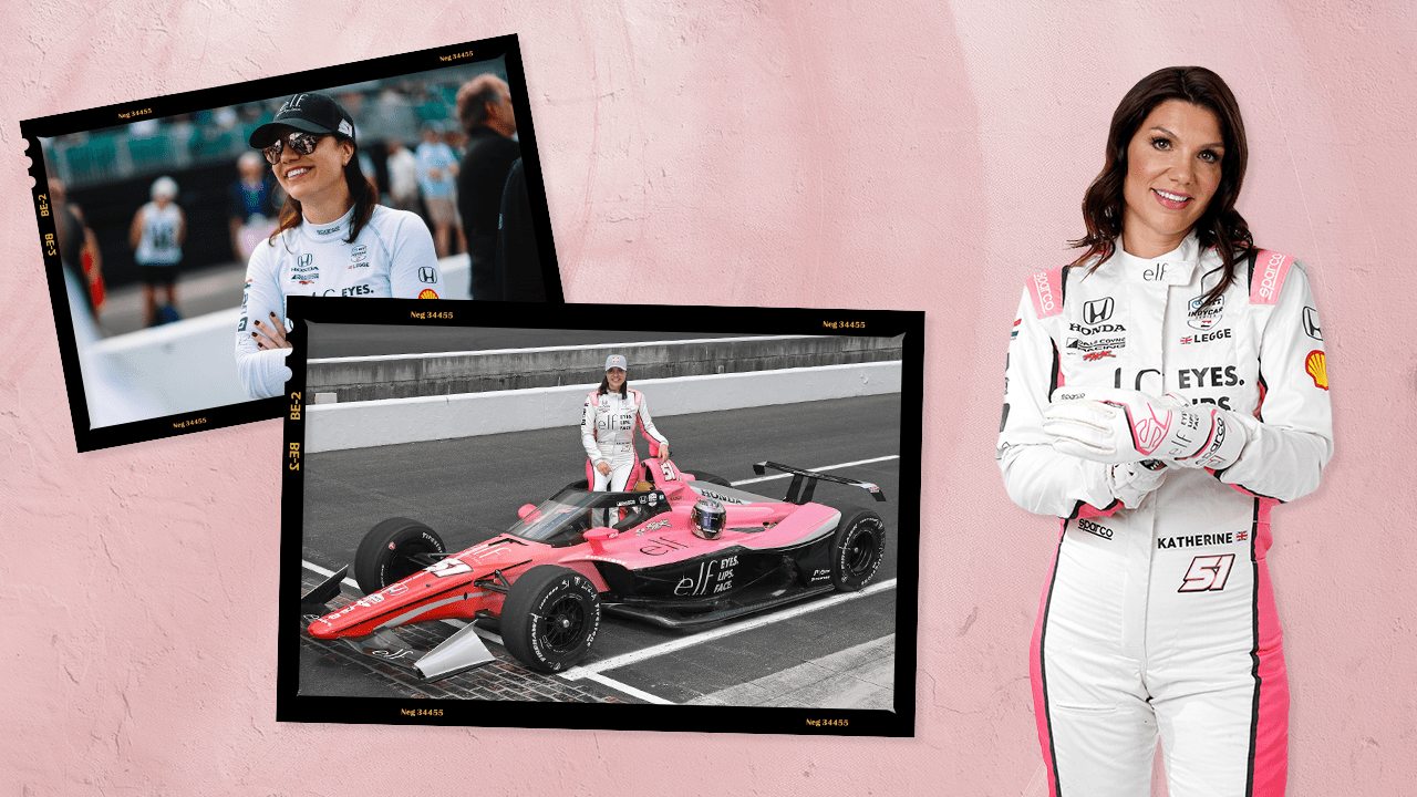 Katherine Legge next to photos of her with her pink race car.