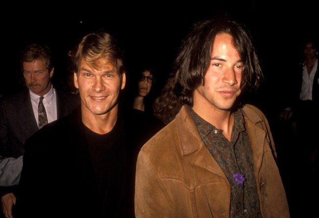 Actors Patrick Swayze and Keanu Reeves attend the premiere of "Point Break" on July 10, 1991 at Avco Center Theater in Westwood, California.