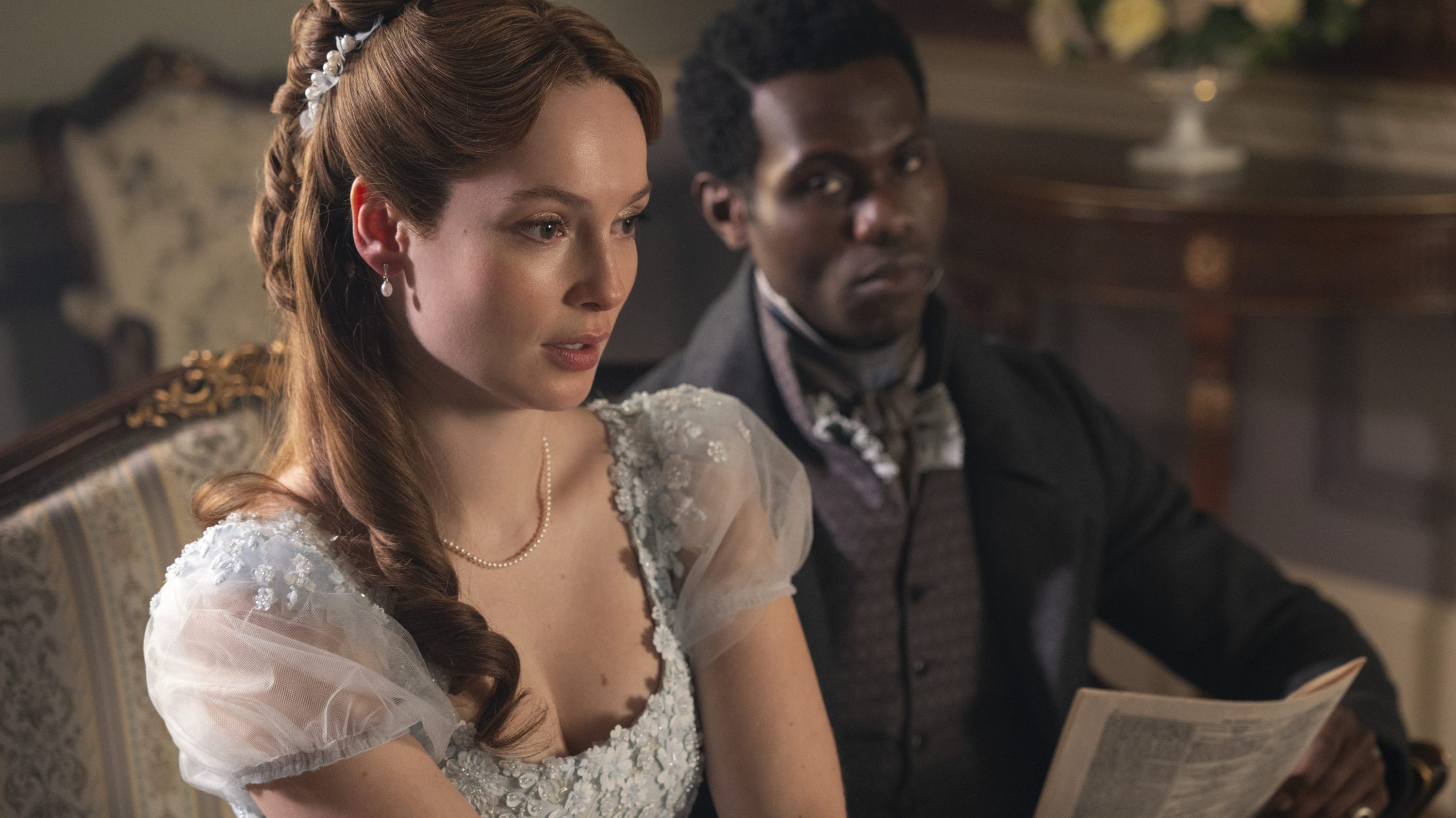 Bridgerton. (L to R) Hannah Dodd as Francesca Bridgerton, Victor Alli as John Stirling in episode 404 of Bridgerton.