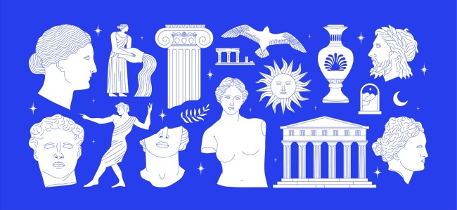 Set of ancient greek statue and classic vintage monument shapes pattern in blue color. Greece culture antique illustration collection. Historical flat cartoon drawing bundle.