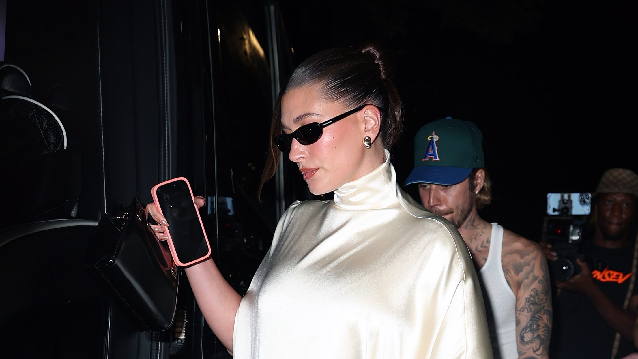 Hailey Bieber seen leaving dinner at on June 23, 2024 in New York, New York.