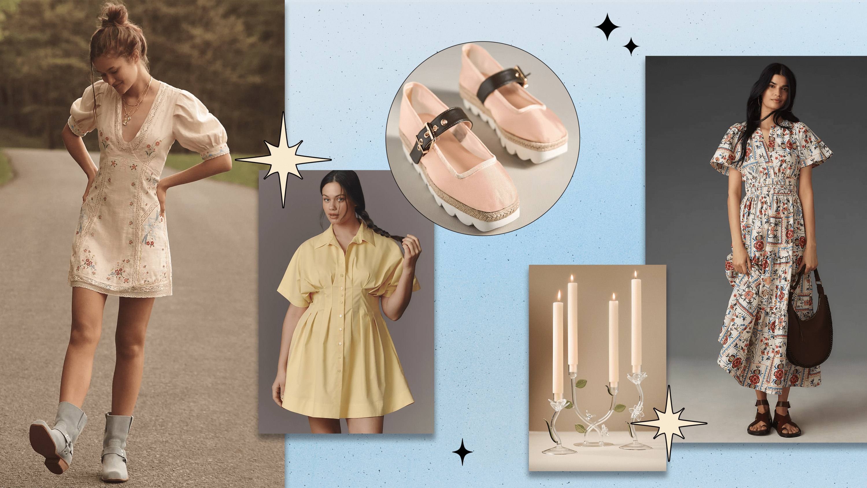 Left to Right: a model walking and wearing a white embroidered mini dress; a model wearing a yellow mini dress; baby pink Mary Jane platform flats; four floral candle holders; a model wearing a colorful maxi dress.