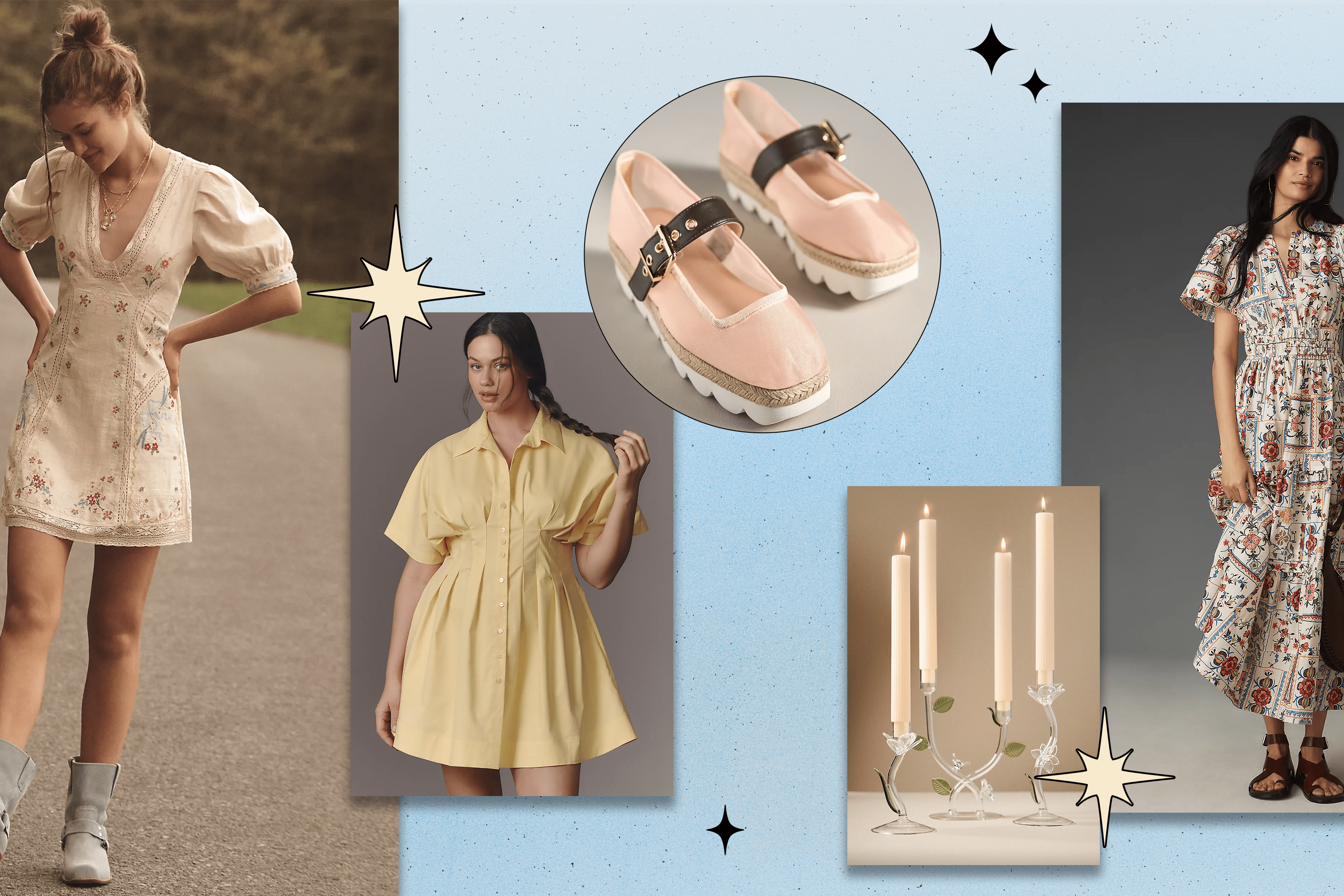 Left to Right: a model walking and wearing a white embroidered mini dress; a model wearing a yellow mini dress; baby pink Mary Jane platform flats; four floral candle holders; a model wearing a colorful maxi dress.