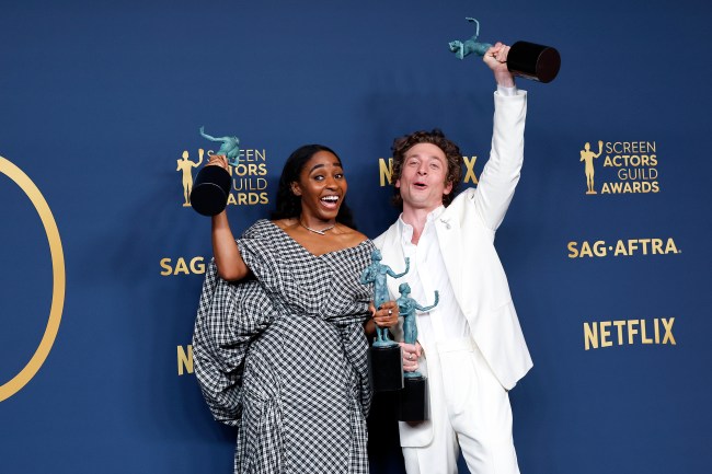 Ayo Edebiri and Jeremy Allen White, winners of the Outstanding Performance by a Female and Male Actor in a Comedy Series and Outstanding Performance by an Ensemble in a Comedy Series awards for '"The Bear" pose in the press room during the 30th Annual Screen Actors Guild Awards at Shrine Auditorium and Expo Hall on February 24, 2024 in Los Angeles, California.