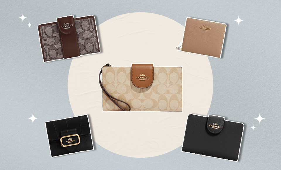 Five Coach Outlet wallets.