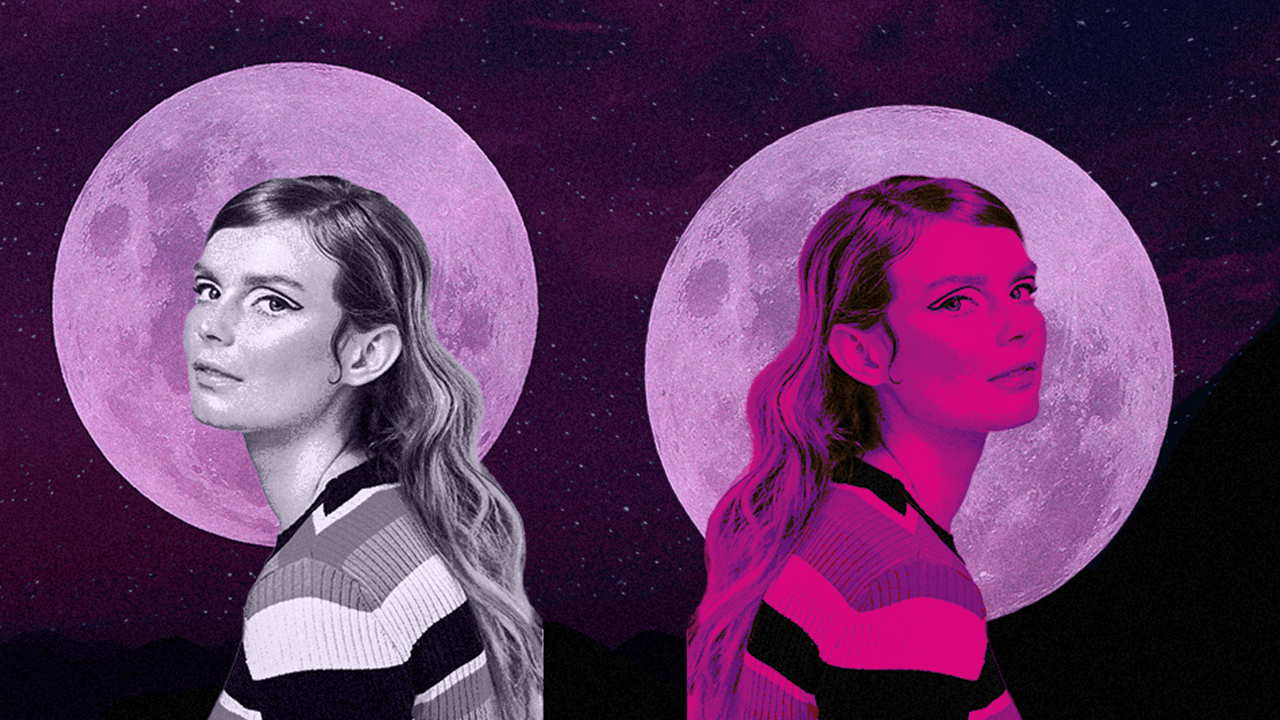 A set of twins in front of two moons in the color pink, in representation of the new moon in Gemini 2024