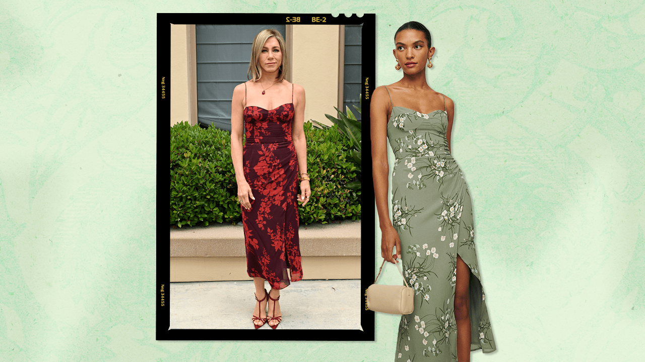 Left: Jennifer Aniston wearing Reformation's Kourtney Dress in a red and purple floral colorway; Right: a Reformation model wearing the Kourtney dress in a green floral colorway.