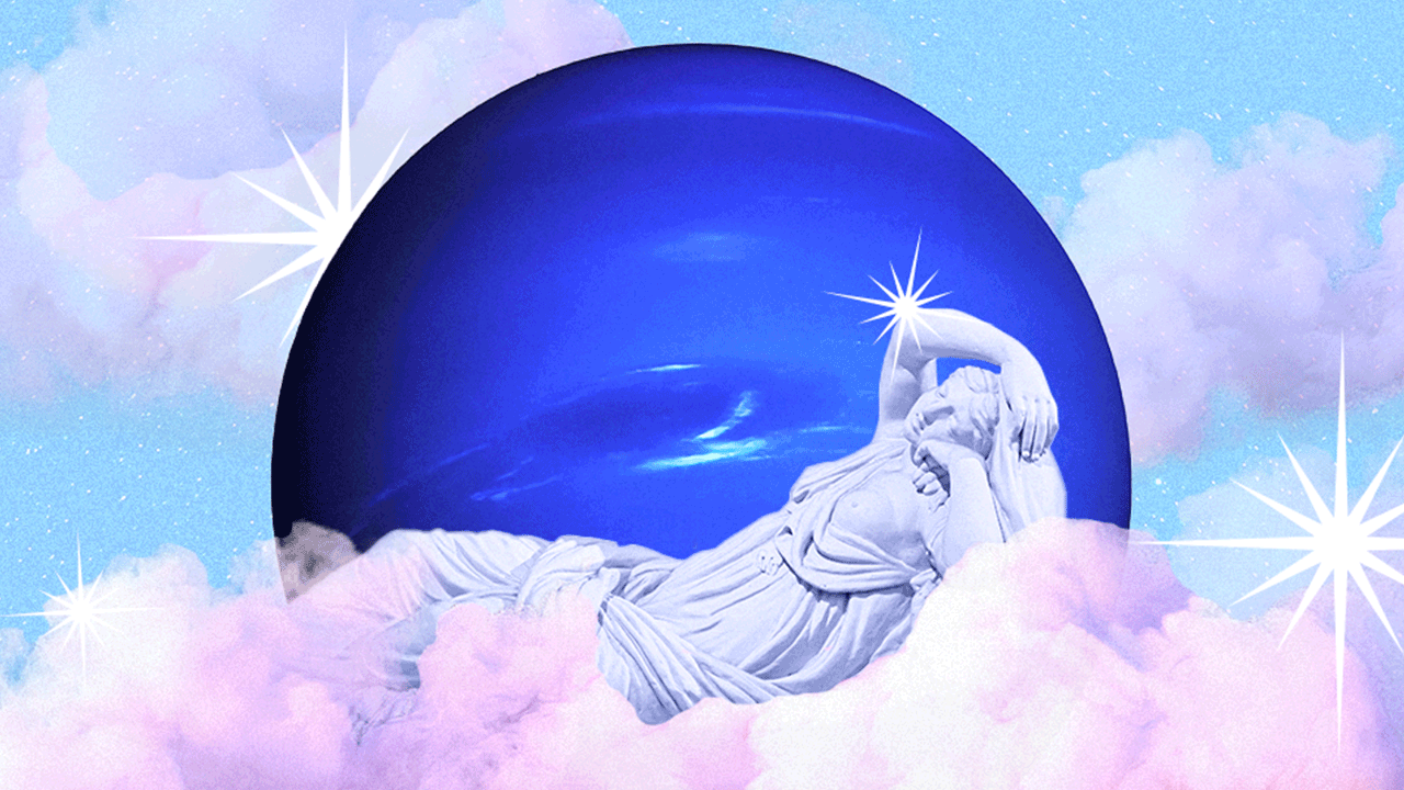 Planet Neptune in the sky with a feminine Greek statue laying in front of it on a pink cloud