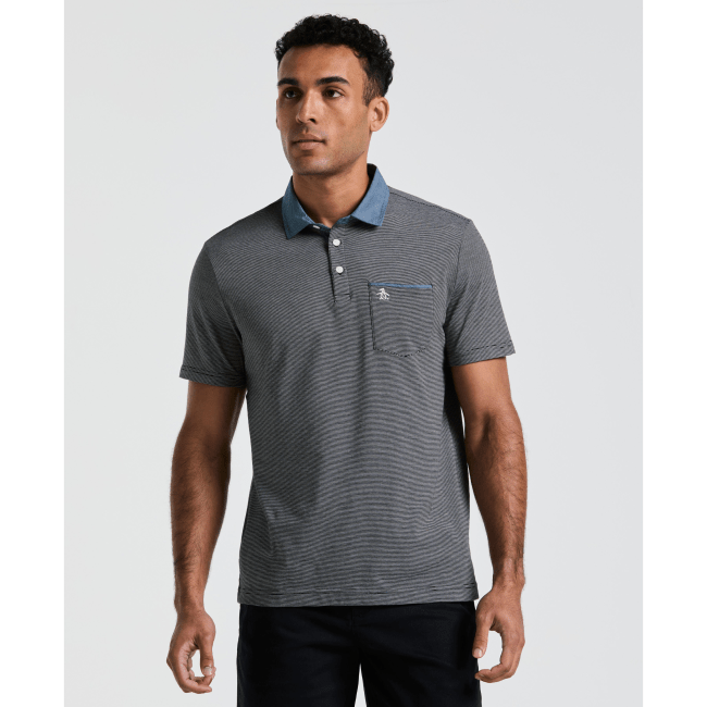 A model wearing the Original Penguin Chambray Stripe Polo in black