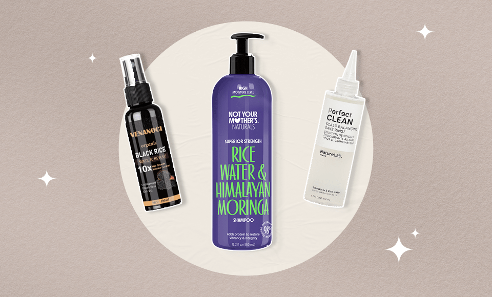 Left to right: Venanoci rice water hair spray, Not Your Mother's rice water shampoo, and NatureLab Tokyo sake scalp rinse.