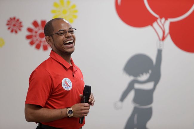 Adam Biles, general manager, speaks to the crowd at a grand opening event for the World Champions Centre, Thursday, May 19, 2016, in Spring. Biles sister, Simone Biles, is a three-time All Around World Champion gymnast.