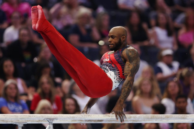 Donnell Whittenburg competes on the parallel bars on Day Three of the 2024 U.S. Olympic Team Gymnastics Trials at Target Center on June 29, 2024 in Minneapolis, Minnesota.