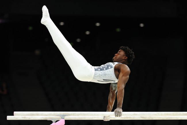 Frederick Richard of Team United States trains on the parallel bars during a Gymnastics training session ahead of the Paris 2024 Olympics Games on July 24, 2024 in Paris, France.
