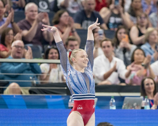 Jade Carey on beam on Day Two of the 2024 U.S.Olympic Team Gymnastics Trials at Target Center on June 28, 2024 in Minneapolis, Minnesota.