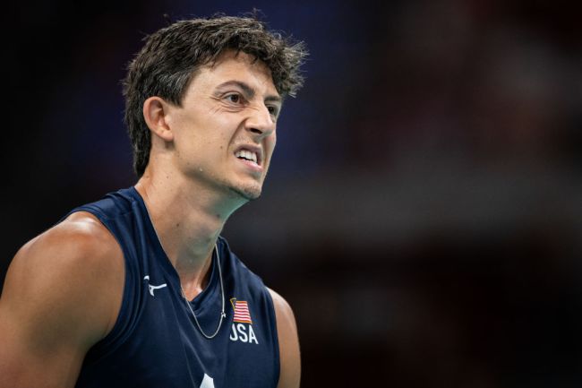 Jeffrey Jendryk of USA seen in action during the Volleyball International Friendly Tournament match between Poland and USA at the Ergo Arena on July 21, 2024 in Gdansk, Poland.