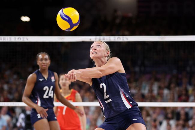 Jordyn Poulter #2 of Team United States sets the ball during the Women's Preliminary Round - Pool A match between the United States and China on day three of the Olympic Games Paris 2024 at Paris Arena on July 29, 2024 in Paris, France.