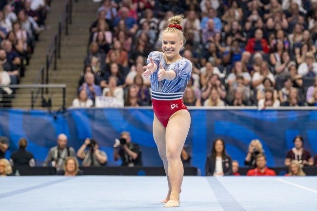 Joscelyn Roberson on floor on Day Two of the 2024 U.S.Olympic Team Gymnastics Trials at Target Center on J