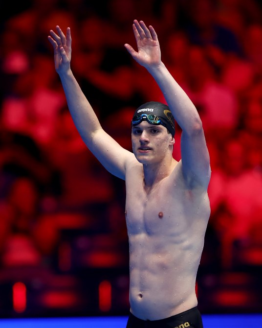 Thomas Heilman of the United States looks on after the Men's 200m butterfly final on Day Five of the 2024 U.S. Olympic Team Swimming Trials at Lucas Oil Stadium on June 19, 2024 in Indianapolis, Indiana.