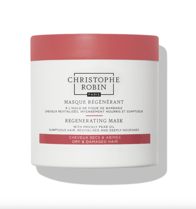 Christophe Robin Regenerating Mask with Prickly Pear Seed Oil in a white jar with a red cap.