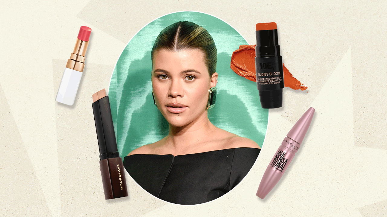 Sofia Richie, Chanel tinted lip balm, Hourglass Cosmetics foundation stick, Nudestix blush, and Maybelline mascara.