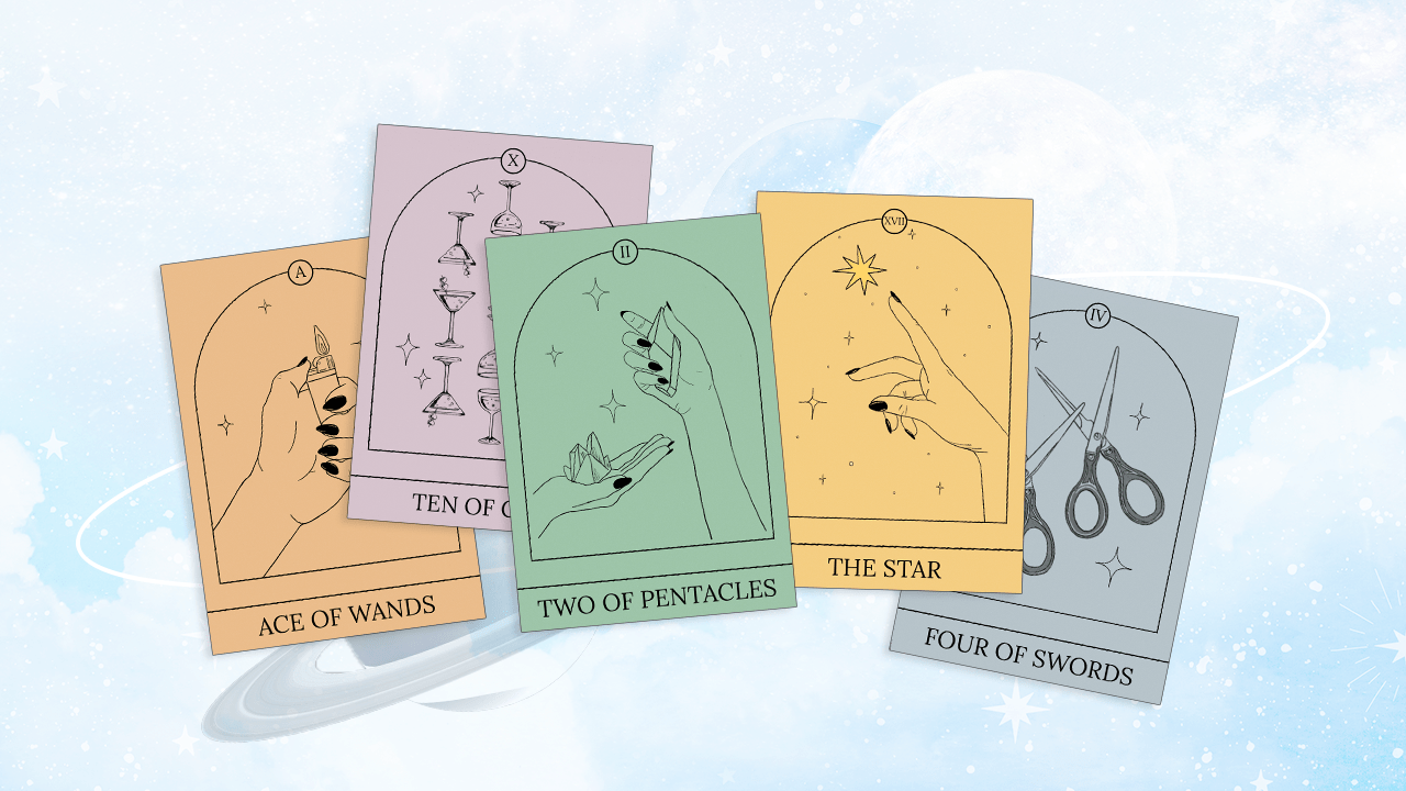 Five Tarot cards messily spread out against a cosmic background for this week's reading and horoscope