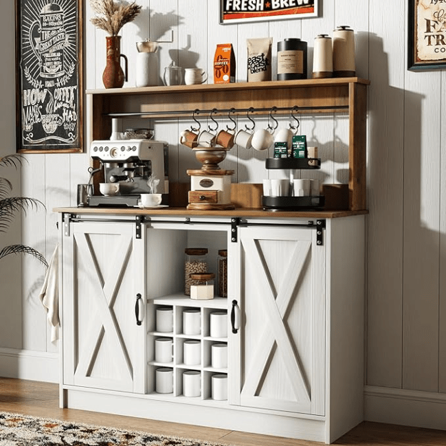 4ever2buy Farmhouse Coffee Bar Cabinet in white and wood.