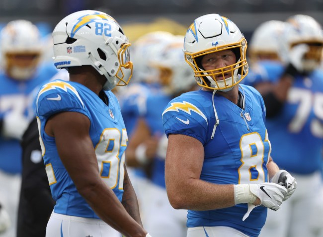 Will Dissly #81 of the Los Angeles Chargers during warm up before a preseason game against the Seattle Seahawks at SoFi Stadium on August 10, 2024 in Inglewood, California.