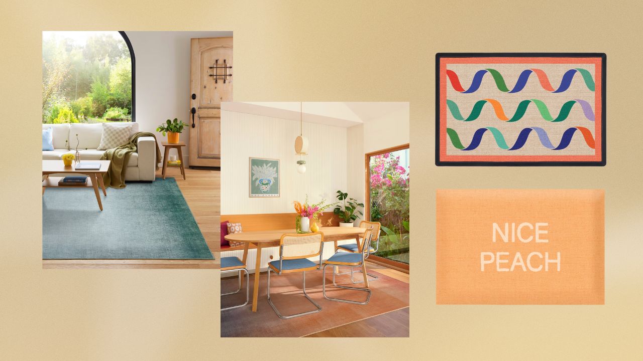 From left to right: A living room with a large blue area rug and white couch, a kitchen with a wooden table and ombre orange and purple rug, a welcome mat with colorful ribbon print, a peach bath mat with the words "Nice Peach."