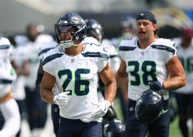 Zach Charbonnet #26 of the Seattle Seahawks before a preseason game against the Los Angeles Chargers at SoFi Stadium on August 10, 2024 in Inglewood, California.