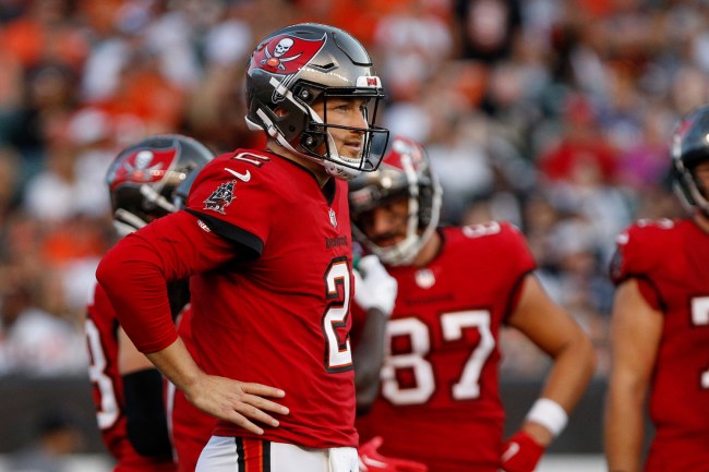 Tampa Bay Buccaneers quarterback Kyle Trask (2) looks toward the sideline during the preseason game against the against the Tampa Bay Buccaneers and the Cincinnati Bengals on August 10, 2024, at Paycor Stadium in Cincinnati, OH.