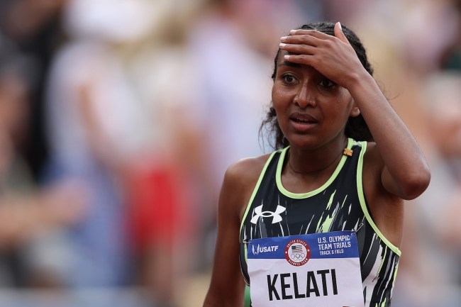 Weini Kelati reacts after winning the women's 10,000 meter final on Day Nine of the 2024 U.S. Olympic Team Track & Field Trials on June 29, 2024 in Eugene, Oregon.