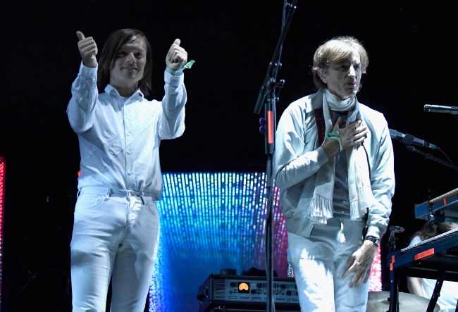 Musicians Jean-Benoît Dunckel (L) and Nicolas Godin of Air perform onstage during FYF Fest 2016 at Los Angeles Sports Arena on August 27, 2016 in Los Angeles, California.