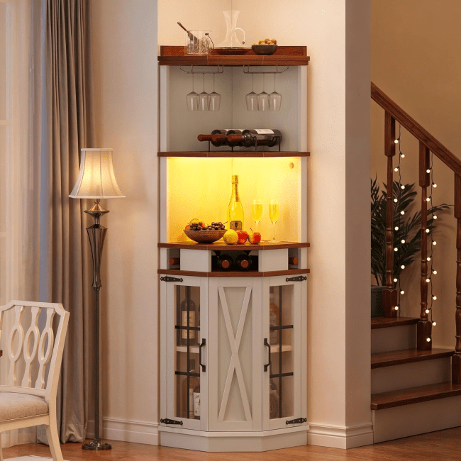 DWVO Corner Bar Cabinet in living room.