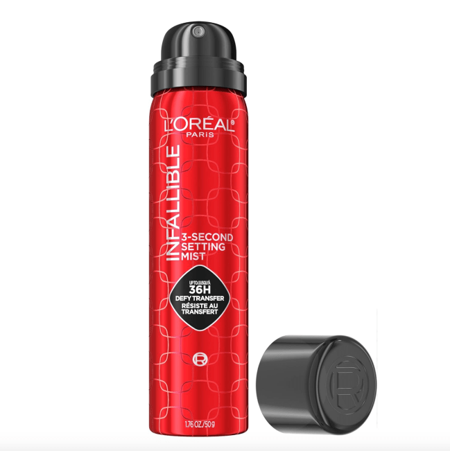 L’Oreal Paris Infallible 3-Second Setting Spray in a red can.