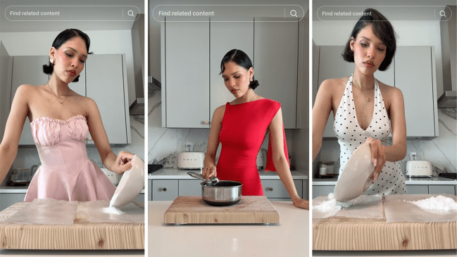 Three images of Nara Smith cooking in her TikTok videos.
