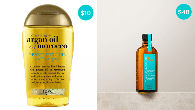 Left: OGX Renewing + Argan Oil of Morocco Penetrating Hair Oil Treatment for $10; Right: Moroccanoil Treatment for $48.