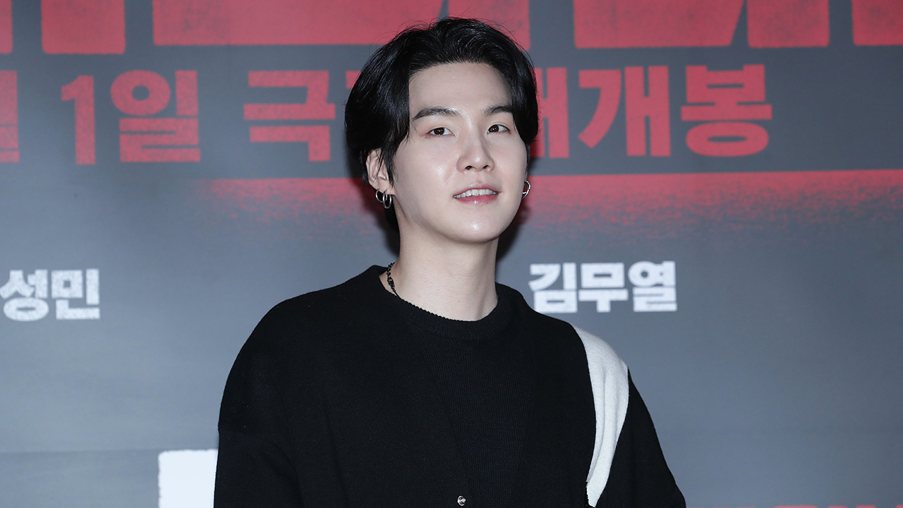 Suga of boy band BTS aka Bangtan Boys is seen at 'The Devil's Deal' VIP Screening at COEX Megabox on February 27, 2023 in Seoul, South Korea. The film will open on March 01, 2023 in South Korea.