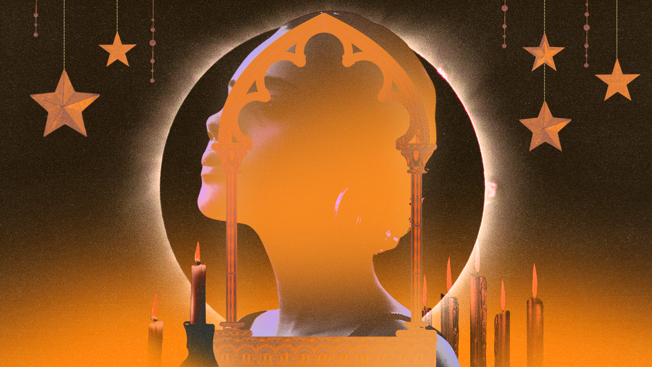 A photo collage with a person, gate, candles, and stars