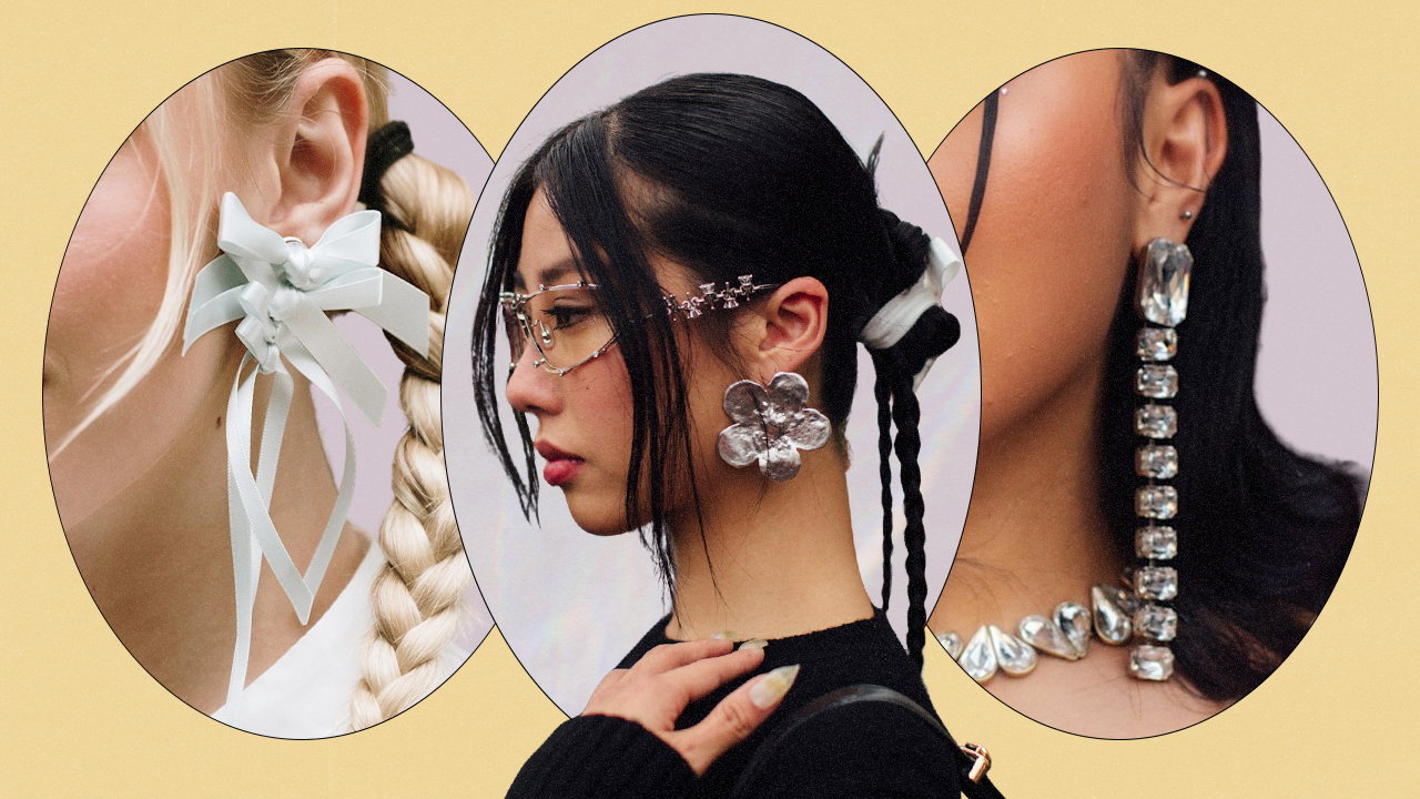 A collage of fashion week guests wearing bow earrings, floral earrings, and dangly crystal earrings.