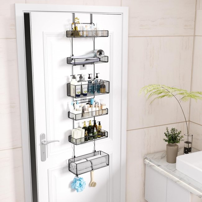 A hanging shelf over a bathroom door