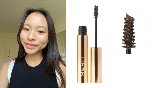 Left: Katie is wearing the Merit Beauty Brow 1980 in Dark Brown; Right: the Merit Beauty Brow 1980 in Dark Brown.