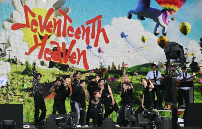K-Pop band Seventeen performs on the Pyramid Stage on the third day of the Glastonbury festival at Worthy Farm in the village of Pilton in Somerset, southwest England, on June 28, 2024. The festival takes place from June 26 to June 30.
