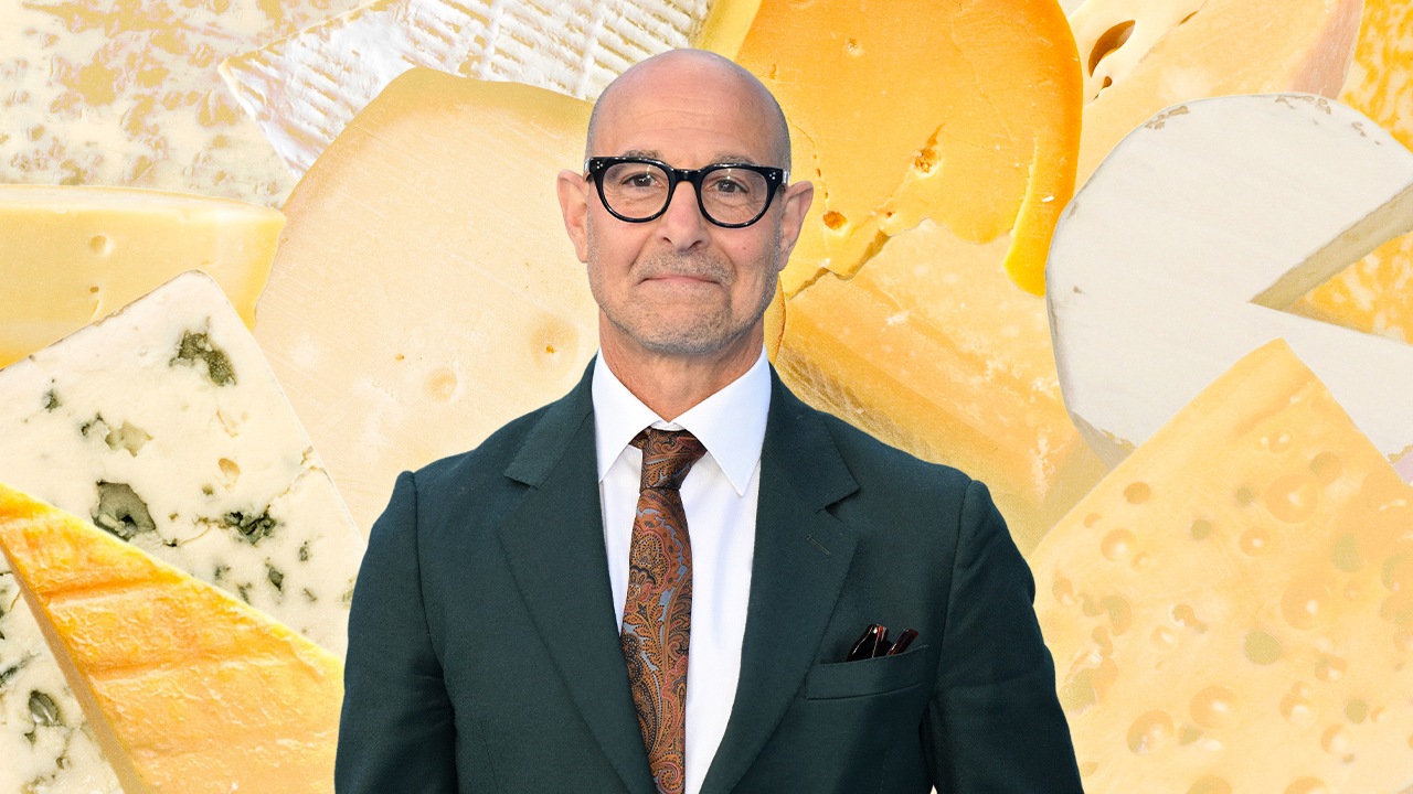 A collage of Stanley Tucci and cheese.