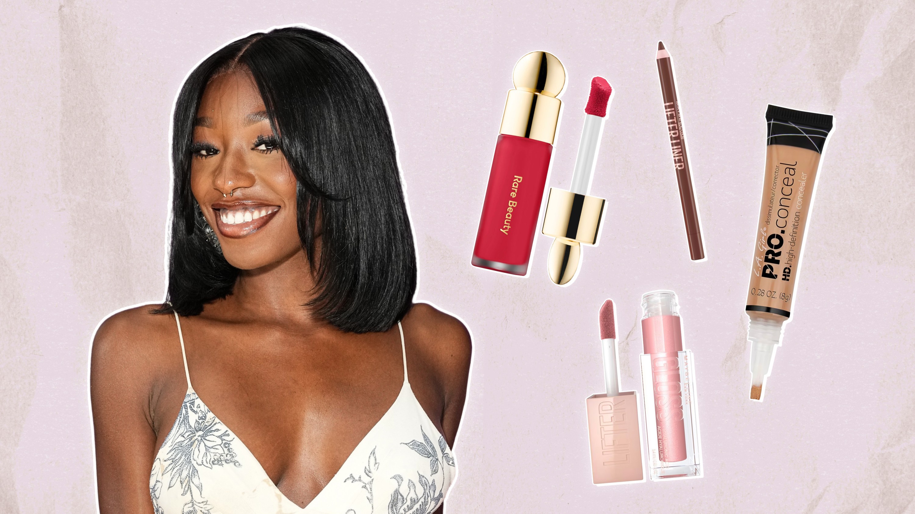 Serena Page next to the Maybelline, Rare Beauty, and L.A. Girl makeup products she uses.
