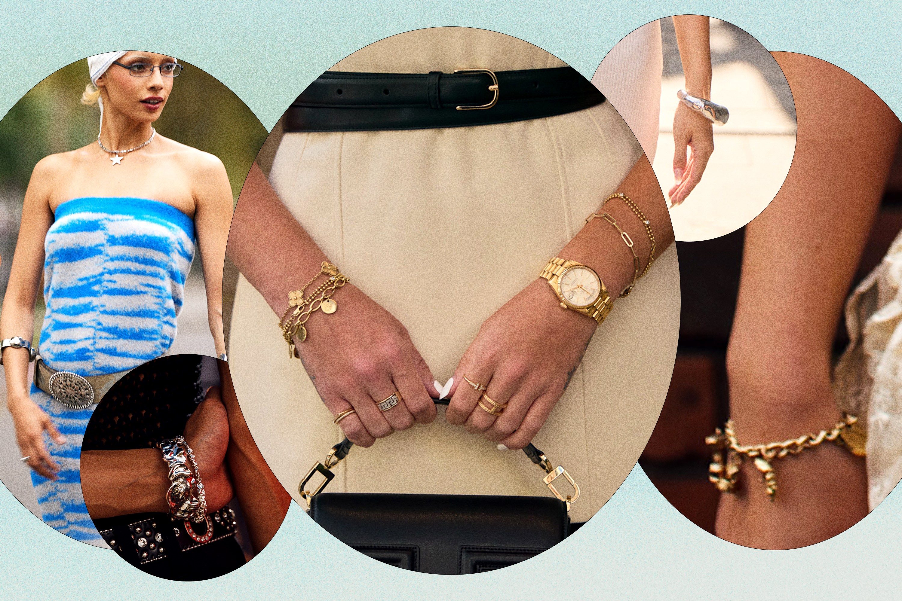 A collage of fashion week guests wearing 2025 bracelet trends.