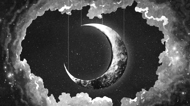 A crescent or new moon in black and white hanging from the sky